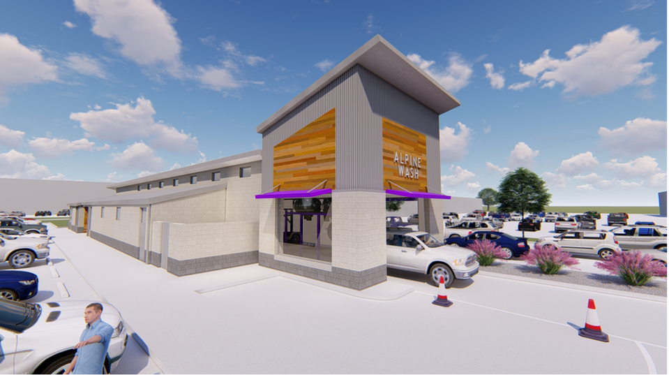 Parking lot view of a brand new car wash