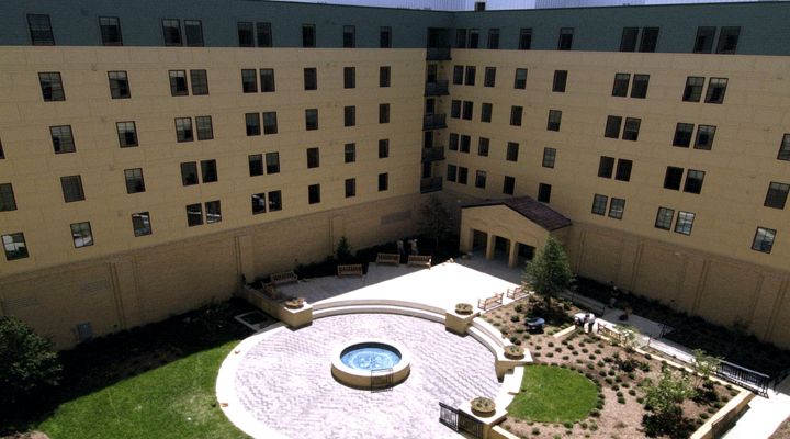Aerial view overlooking a courtyard at a new residential building